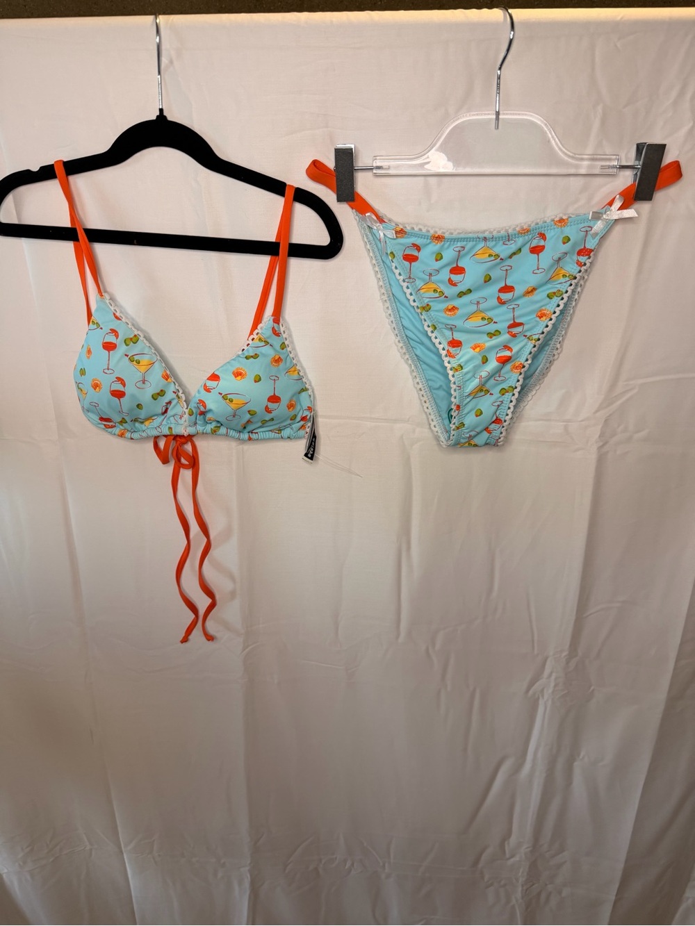 Dippin' Daisy's Light Blue Cocktail Print Two-Piece Bikini with Orange Straps